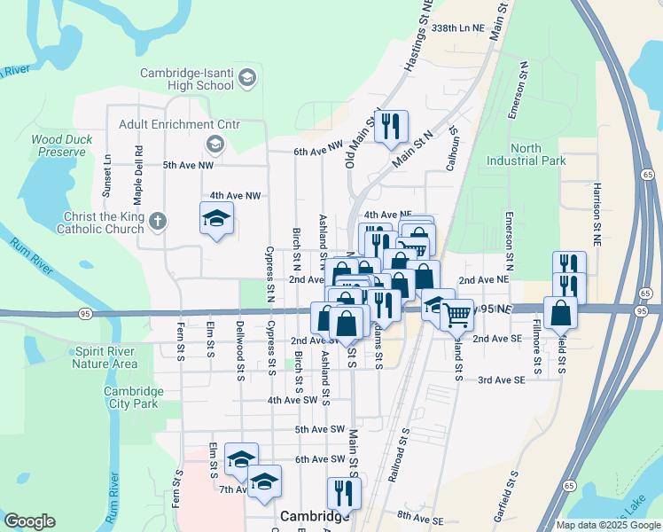 map of restaurants, bars, coffee shops, grocery stores, and more near 241 Main Street North in Cambridge