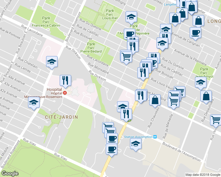map of restaurants, bars, coffee shops, grocery stores, and more near 5541 Place de Jumonville in Montréal