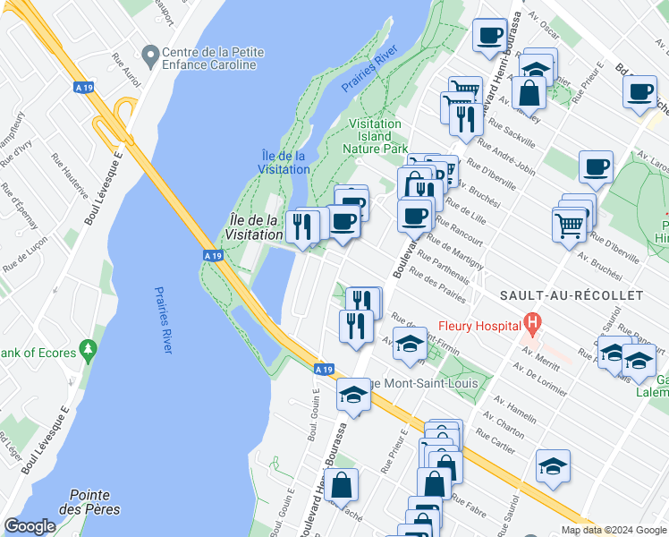 map of restaurants, bars, coffee shops, grocery stores, and more near 2067 Boulevard Gouin Est in Montréal