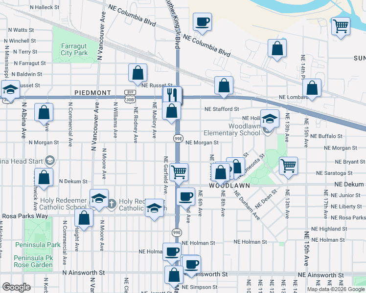 map of restaurants, bars, coffee shops, grocery stores, and more near 409 North Morgan Street in Portland