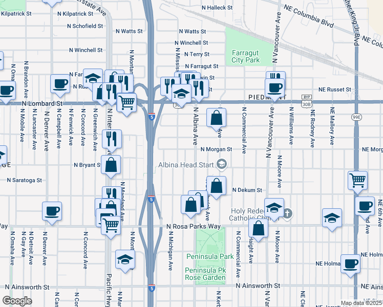 map of restaurants, bars, coffee shops, grocery stores, and more near 777 North Morgan Street in Portland