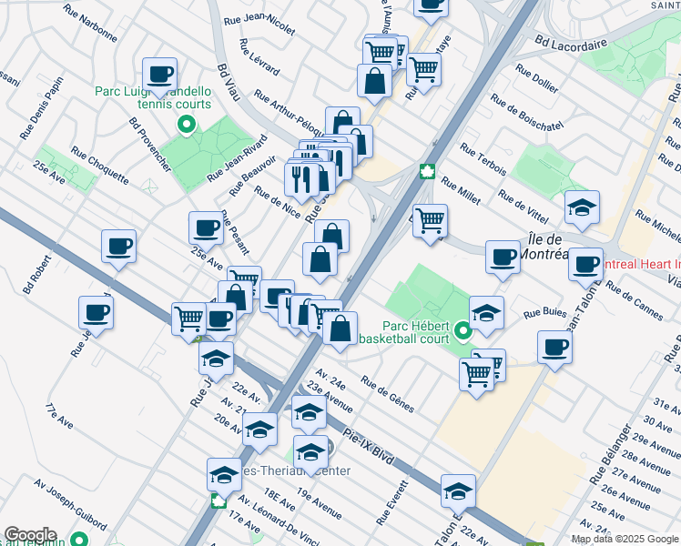 map of restaurants, bars, coffee shops, grocery stores, and more near 4475 Boulevard Métropolitain Est in Montréal