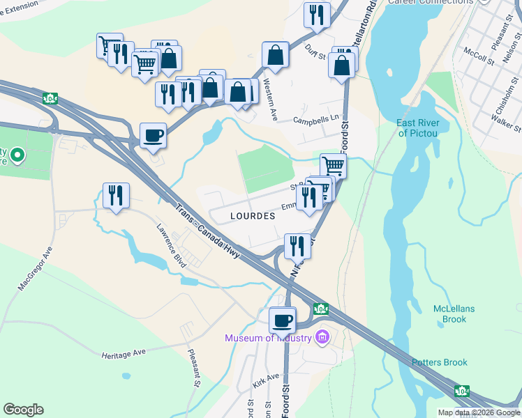 map of restaurants, bars, coffee shops, grocery stores, and more near 32 Emmanuel Street in New Glasgow