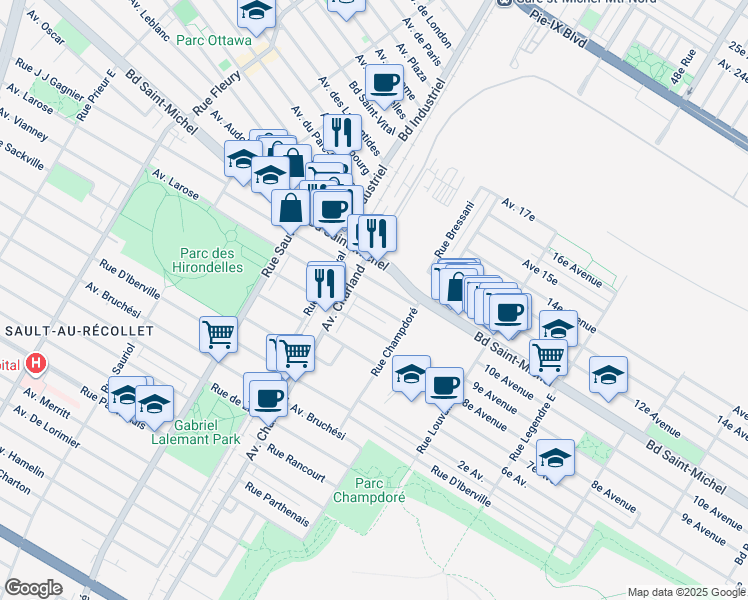 map of restaurants, bars, coffee shops, grocery stores, and more near 9445 Avenue Larose in Montréal