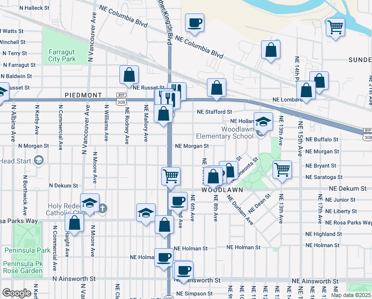 map of restaurants, bars, coffee shops, grocery stores, and more near 537 Northeast Morgan Street in Portland