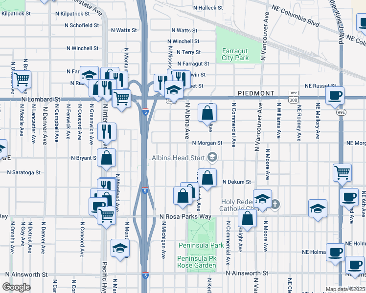 map of restaurants, bars, coffee shops, grocery stores, and more near 777 North Morgan Street in Portland