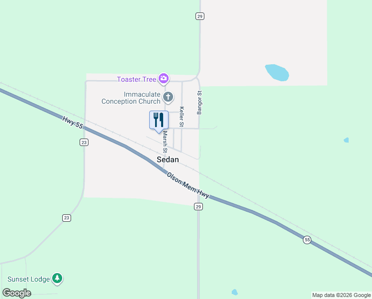 map of restaurants, bars, coffee shops, grocery stores, and more near 499 Railway Avenue in Sedan