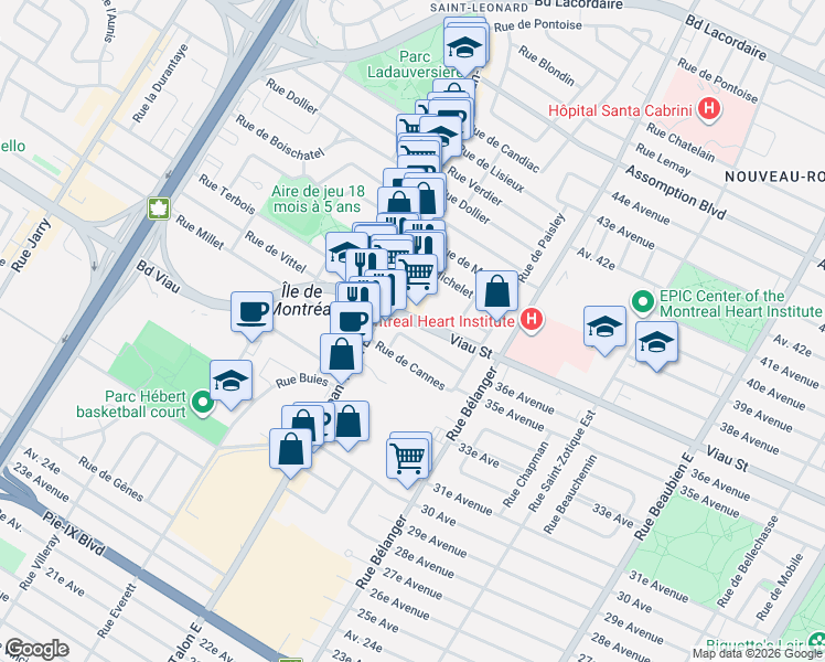map of restaurants, bars, coffee shops, grocery stores, and more near 7150 Boulevard Viau in Montréal
