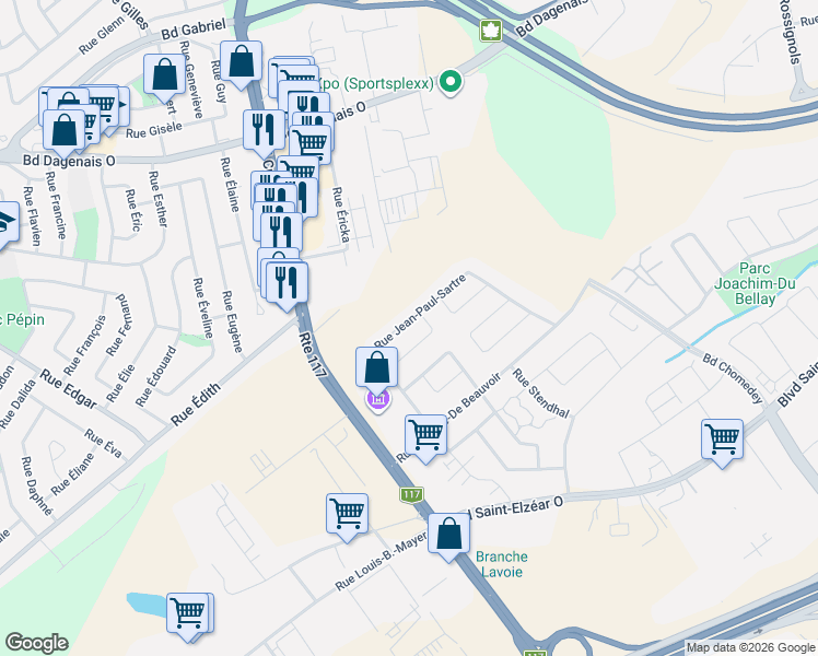 map of restaurants, bars, coffee shops, grocery stores, and more near 3505 Rue Jean-Paul-Sartre in Laval