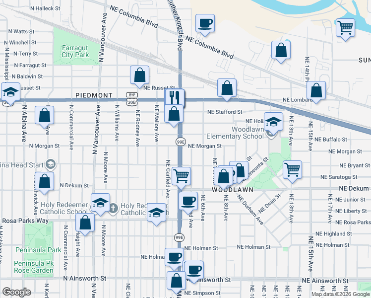 map of restaurants, bars, coffee shops, grocery stores, and more near 409 North Morgan Street in Portland