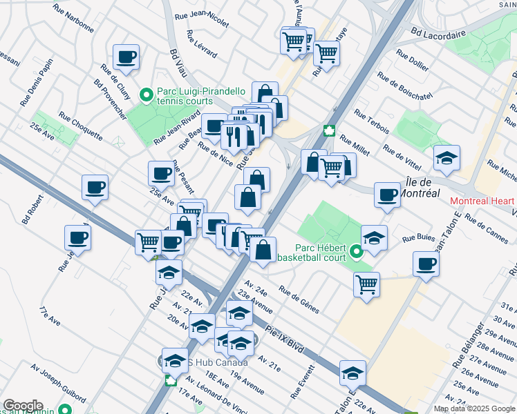 map of restaurants, bars, coffee shops, grocery stores, and more near 4475 Boulevard Métropolitain Est in Montréal