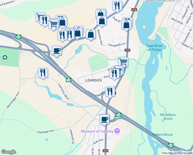 map of restaurants, bars, coffee shops, grocery stores, and more near 32 Emmanuel Street in New Glasgow