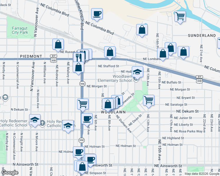 map of restaurants, bars, coffee shops, grocery stores, and more near 7070 Northeast 7th Place in Portland
