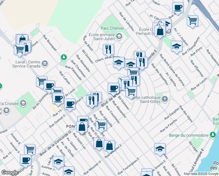 map of restaurants, bars, coffee shops, grocery stores, and more near 430 Boulevard Goineau in Laval