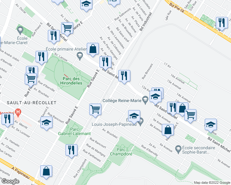 map of restaurants, bars, coffee shops, grocery stores, and more near 2782 Avenue Charland in Montréal
