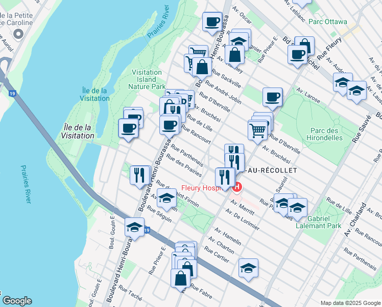 map of restaurants, bars, coffee shops, grocery stores, and more near 10565 Rue Parthenais in Montréal