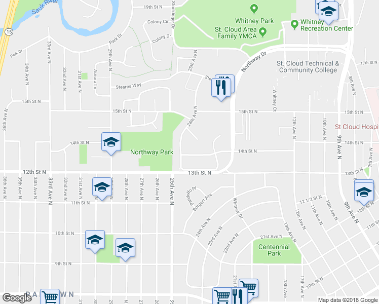 map of restaurants, bars, coffee shops, grocery stores, and more near 2043 14th Street North in Saint Cloud