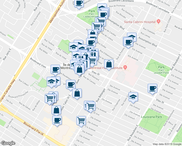 map of restaurants, bars, coffee shops, grocery stores, and more near 7150 Boulevard Viau in Montréal