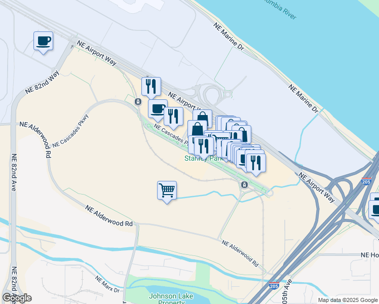 map of restaurants, bars, coffee shops, grocery stores, and more near 9700 Northeast Cascades Parkway in Portland