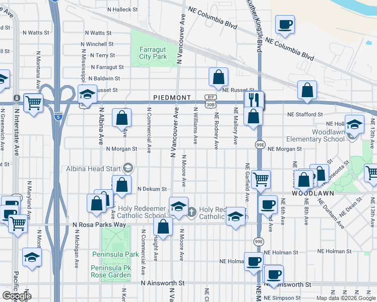 map of restaurants, bars, coffee shops, grocery stores, and more near 7105 North Williams Avenue in Portland