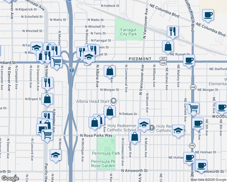map of restaurants, bars, coffee shops, grocery stores, and more near 7060 North Kerby Avenue in Portland
