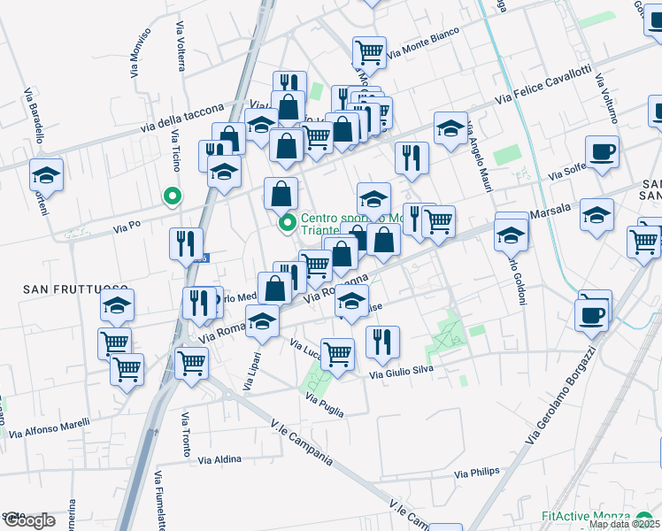 map of restaurants, bars, coffee shops, grocery stores, and more near 9 Via Venezia Giulia in Monza