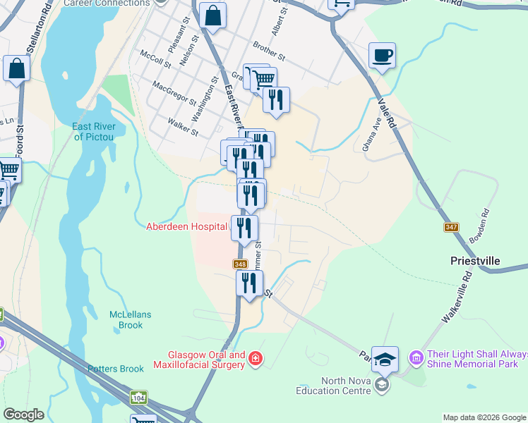 map of restaurants, bars, coffee shops, grocery stores, and more near 750 Summer Street in New Glasgow