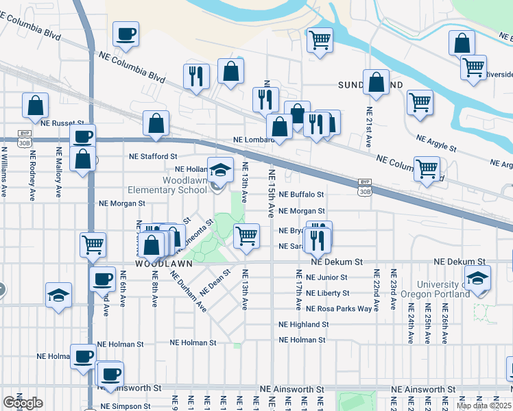 map of restaurants, bars, coffee shops, grocery stores, and more near 1331 Northeast Morgan Street in Portland