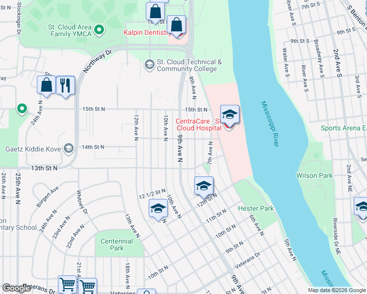 map of restaurants, bars, coffee shops, grocery stores, and more near 1340 9th Avenue North in St. Cloud