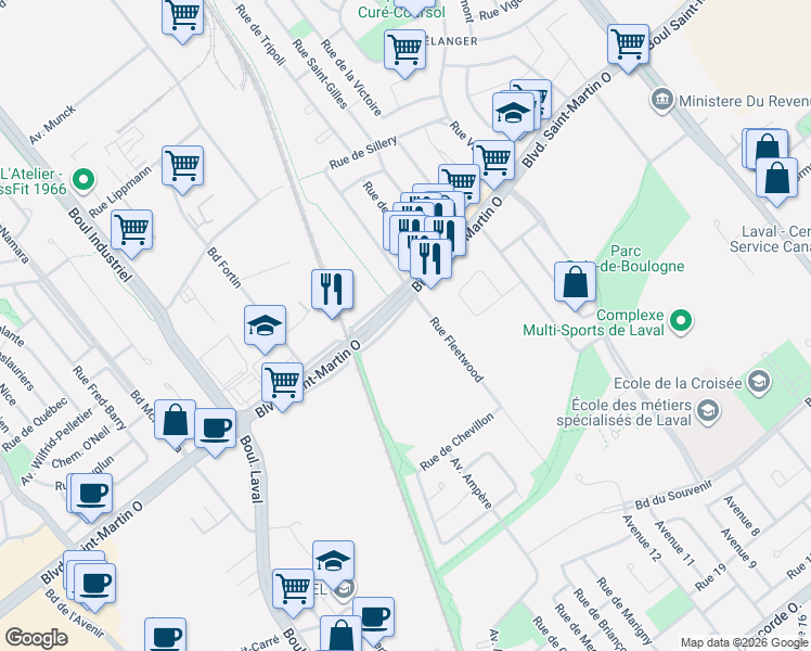 map of restaurants, bars, coffee shops, grocery stores, and more near 1750 Rue Fleetwood in Laval