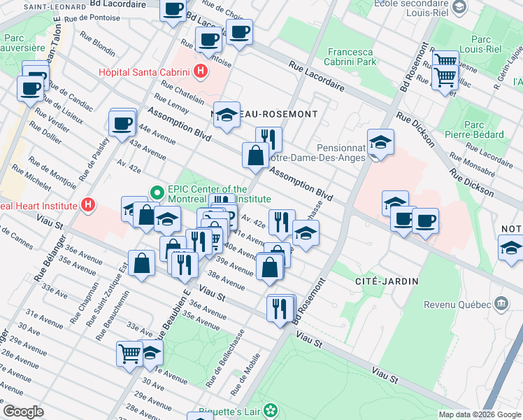 map of restaurants, bars, coffee shops, grocery stores, and more near 6420 43e Avenue in Montréal