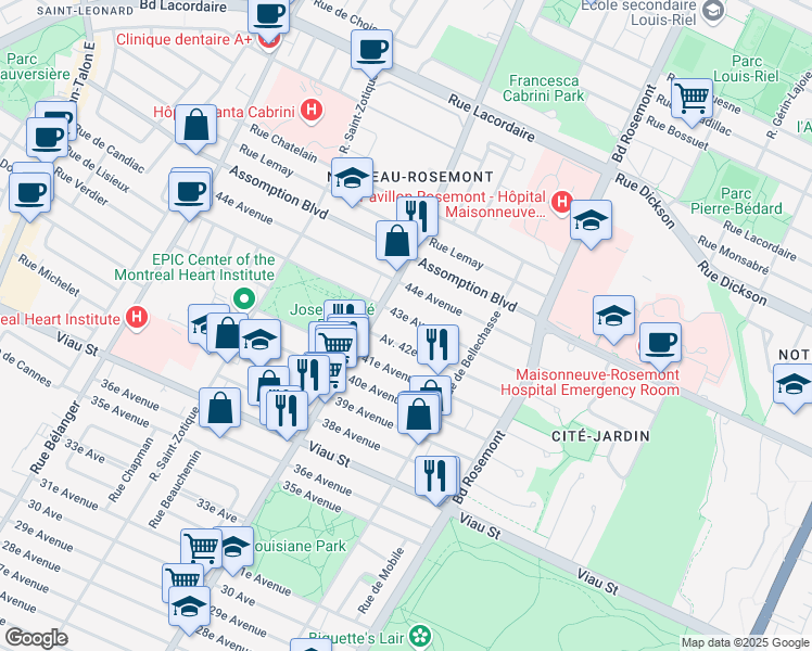 map of restaurants, bars, coffee shops, grocery stores, and more near 6420 43e Avenue in Montréal