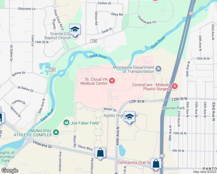 map of restaurants, bars, coffee shops, grocery stores, and more near 4801 Veterans Drive in Saint Cloud