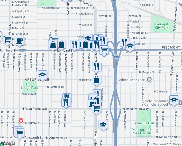 map of restaurants, bars, coffee shops, grocery stores, and more near 7058 North Greenwich Avenue in Portland
