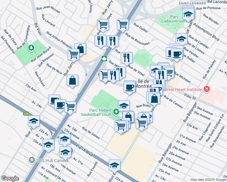 map of restaurants, bars, coffee shops, grocery stores, and more near 7600 Boulevard Viau in Montreal