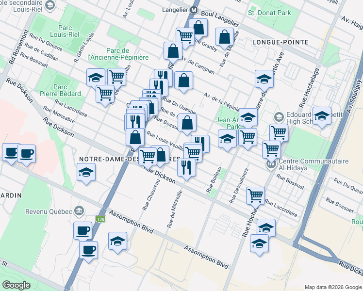 map of restaurants, bars, coffee shops, grocery stores, and more near 3095 A Rue Louis-Veuillot in Montréal