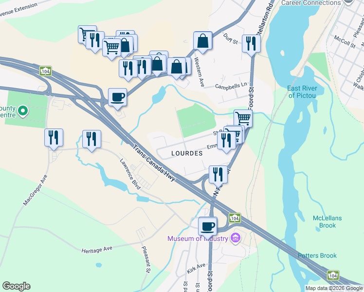 map of restaurants, bars, coffee shops, grocery stores, and more near 13 Connollys Road in New Glasgow
