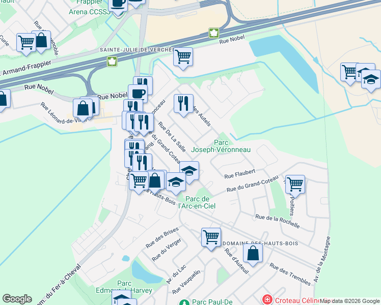 map of restaurants, bars, coffee shops, grocery stores, and more near 410 Rue De La Salle in Sainte-Julie