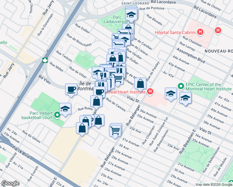 map of restaurants, bars, coffee shops, grocery stores, and more near 7150 Boulevard Viau in Montreal