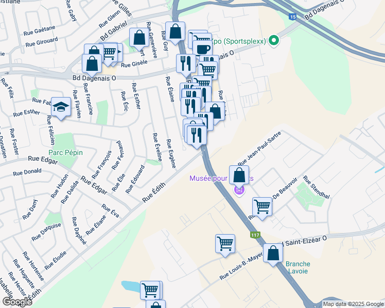 map of restaurants, bars, coffee shops, grocery stores, and more near 2993 Rue Édith in Laval