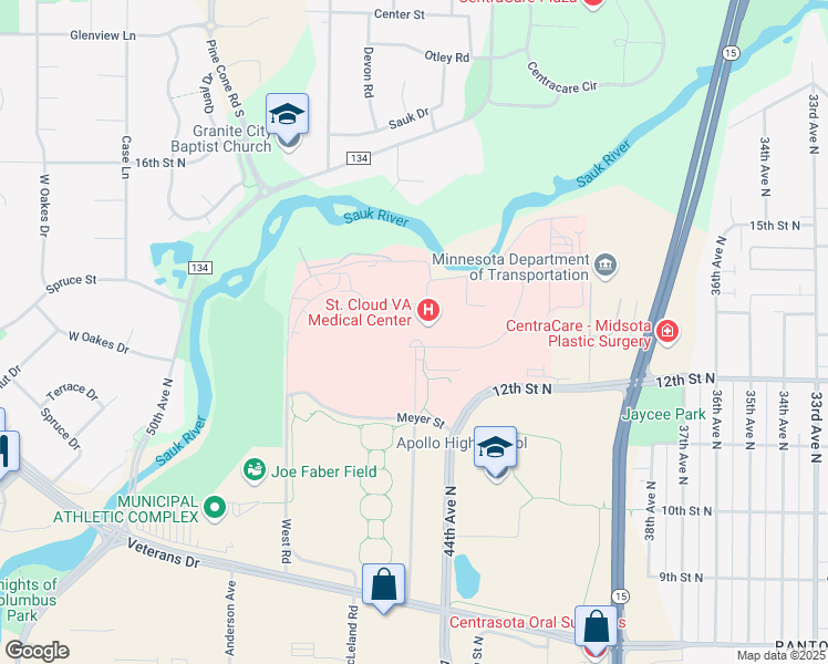 map of restaurants, bars, coffee shops, grocery stores, and more near 4801 Veterans Drive in Saint Cloud
