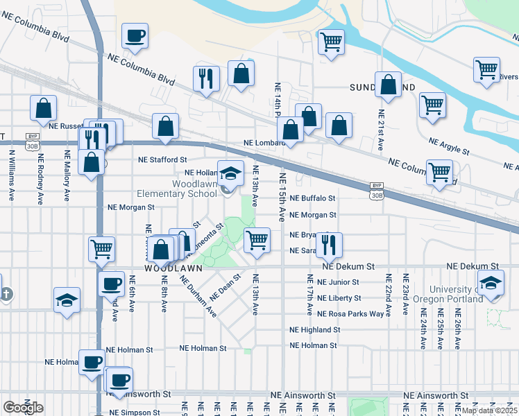 map of restaurants, bars, coffee shops, grocery stores, and more near 7120 Northeast 13th Avenue in Portland