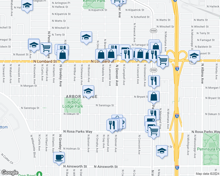 map of restaurants, bars, coffee shops, grocery stores, and more near 7131 North Lancaster Avenue in Portland