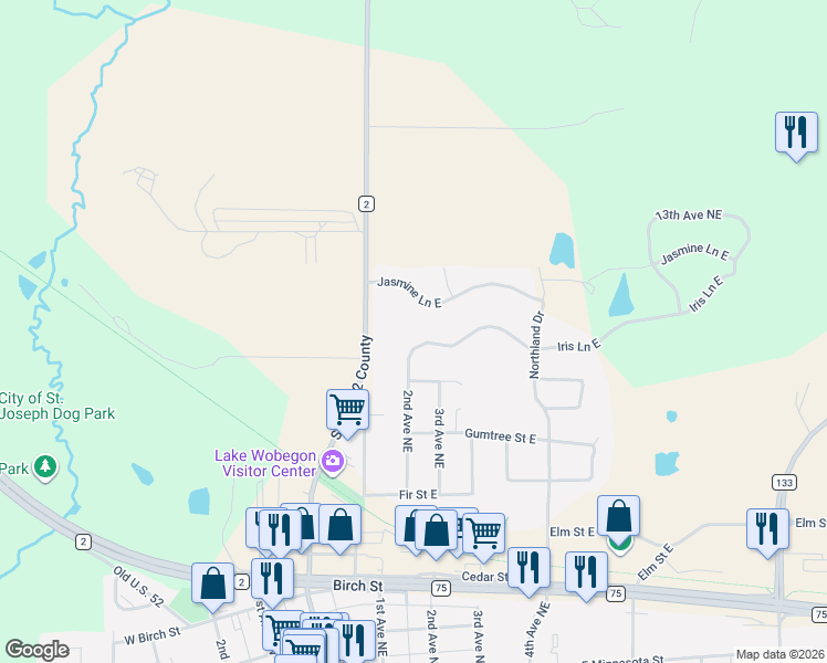 map of restaurants, bars, coffee shops, grocery stores, and more near 103 Iris Lane Northeast in Saint Joseph