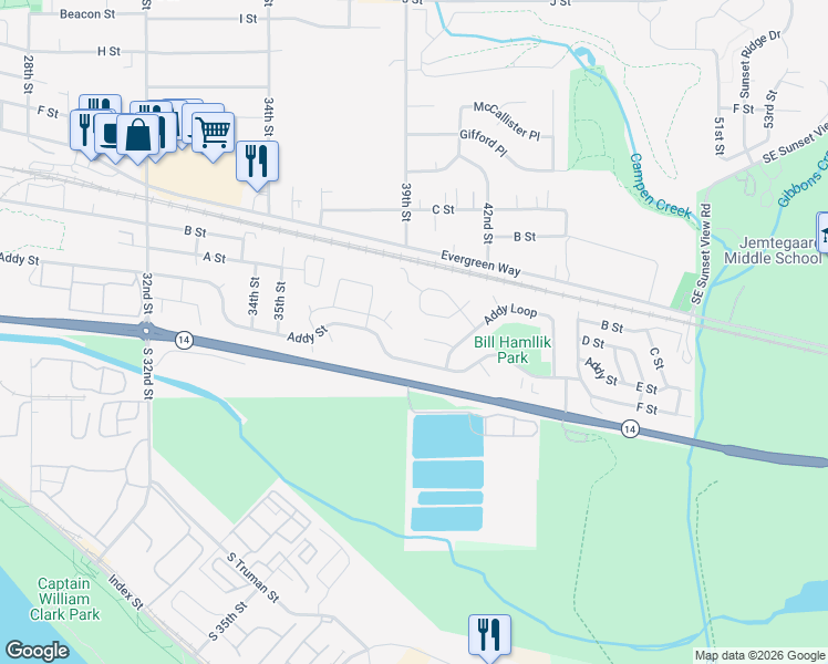 map of restaurants, bars, coffee shops, grocery stores, and more near 3905 Addy Cir in Washougal