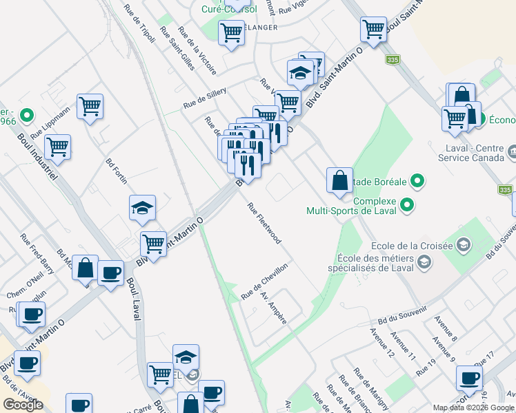 map of restaurants, bars, coffee shops, grocery stores, and more near Rue Fleetwood in Laval