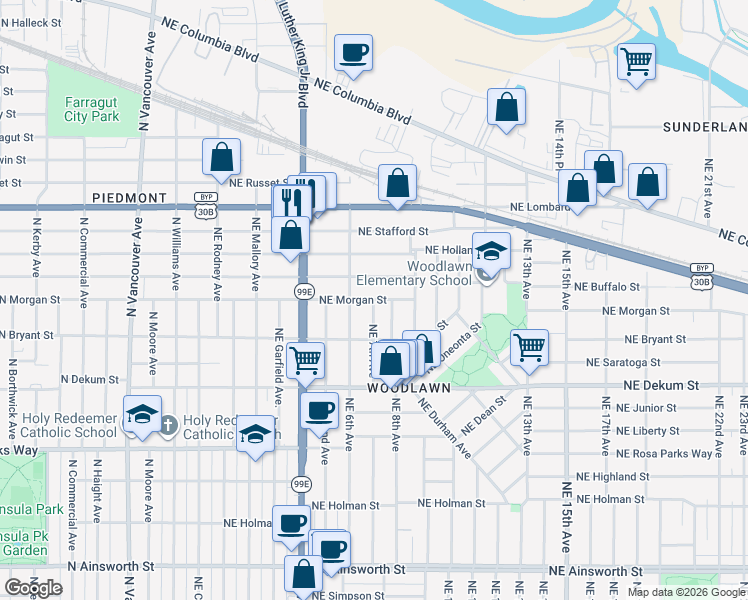 map of restaurants, bars, coffee shops, grocery stores, and more near 13970 Northeast 7th Avenue in Portland