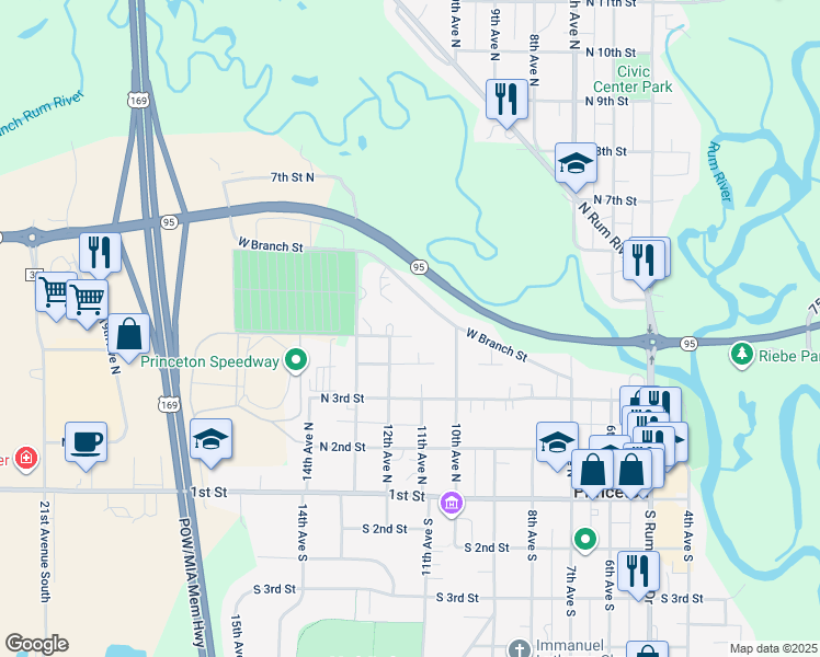 map of restaurants, bars, coffee shops, grocery stores, and more near 1102 5th Street North in Princeton