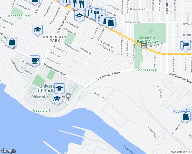 map of restaurants, bars, coffee shops, grocery stores, and more near 4731 North Willamette Boulevard in Portland