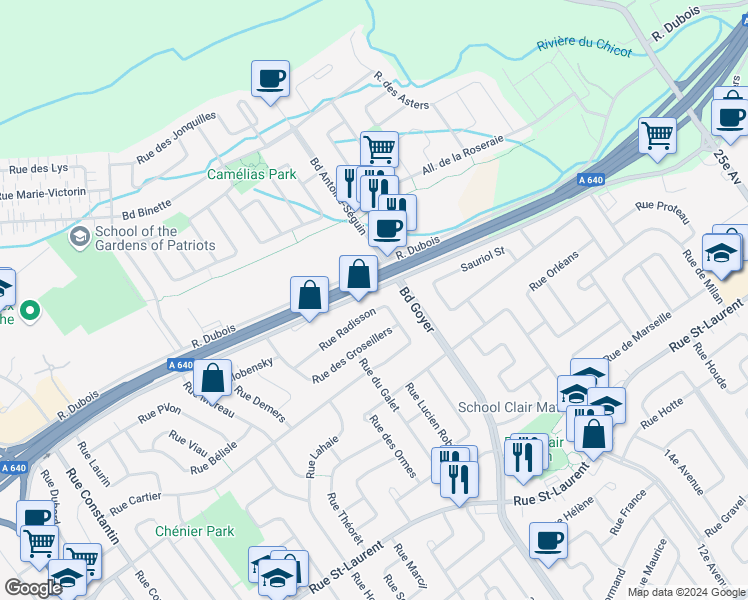 map of restaurants, bars, coffee shops, grocery stores, and more near 249 Rue Hector-Lanthier in Saint-Eustache